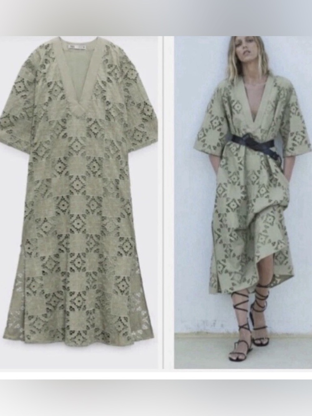 New Zara Women's Embroidered Lace Oversized Dress Kaftan Sage Green XLarge